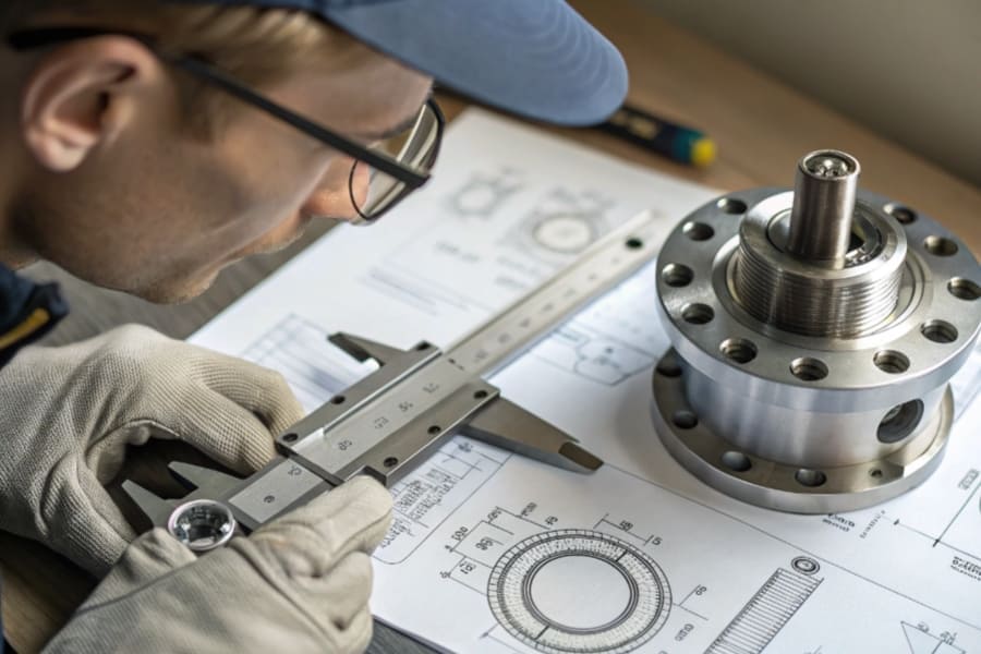 CNC machinists engineer test the stainless steel parts