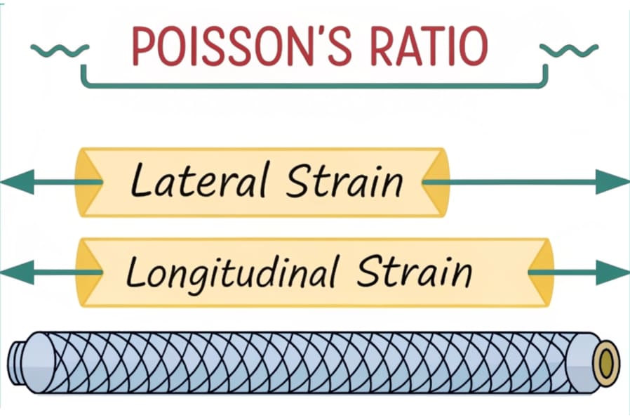 Poisson’s ratio is the ratio of the lateral strain to the axial strain when a material is subjected to uniaxial stress