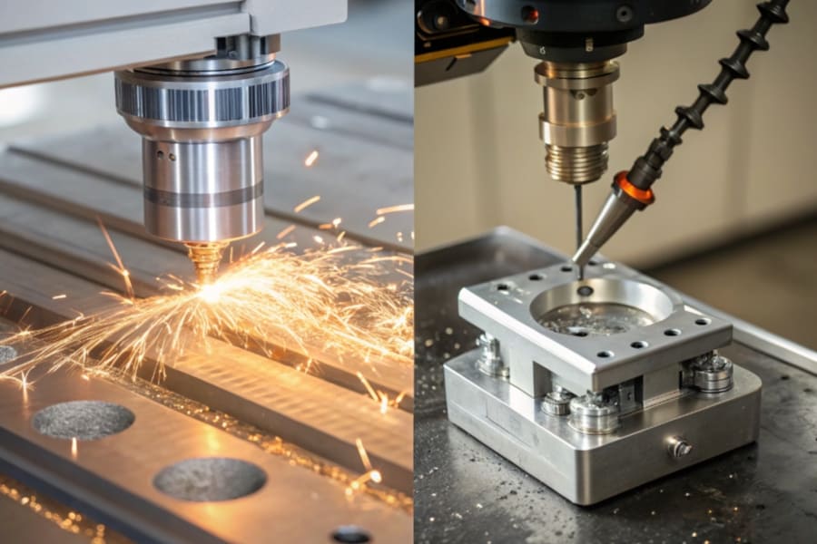 The main difference between CNC and EDM is the method of material removal CNC uses rotary tools, while EDM uses electrical sparks.