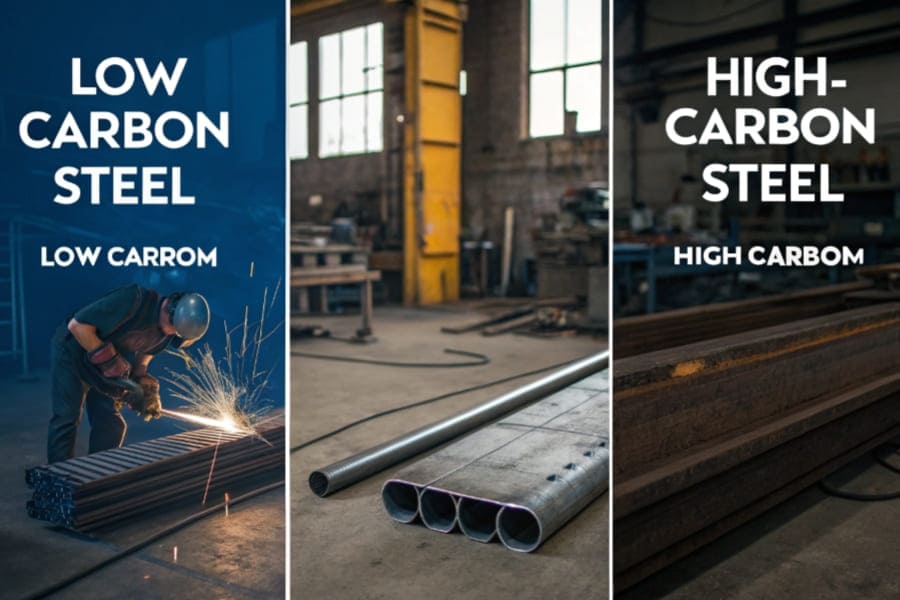 The three main grades of carbon steel are low carbon steel (up to 0.3% carbon), medium carbon steel (0.3% to 0.6% carbon), and high carbon steel (above 0.6% carbon).