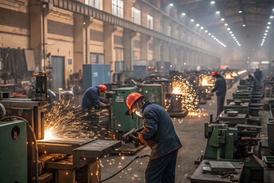 workers in the cnc machining and welding factory