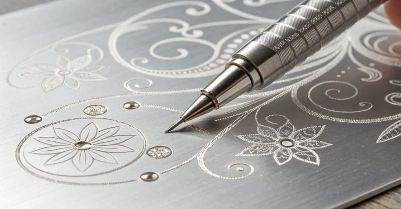 Diamond drag engraving method using a diamond-tipped stylus to create shallow engravings on metal surfaces