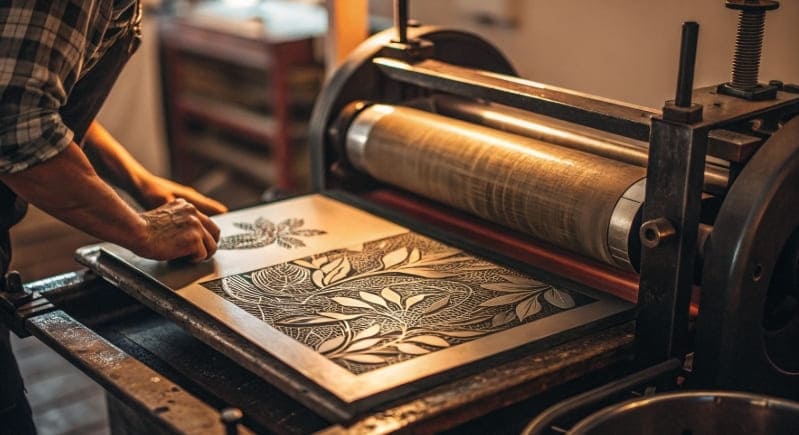 Gravure engraving method creating patterns on a metal plate for transferring designs onto other materials