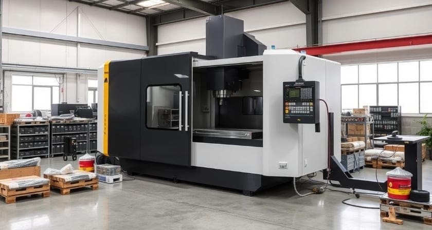 CNC machining factory workshop with active CNC machines in operation