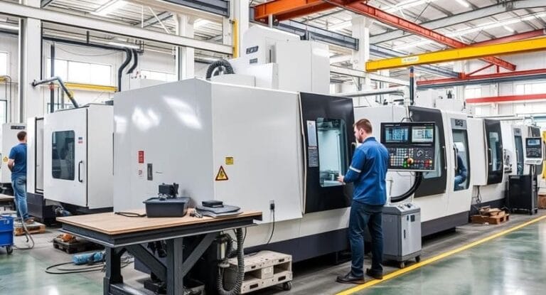 CNC machining factory with workers operating CNC machines