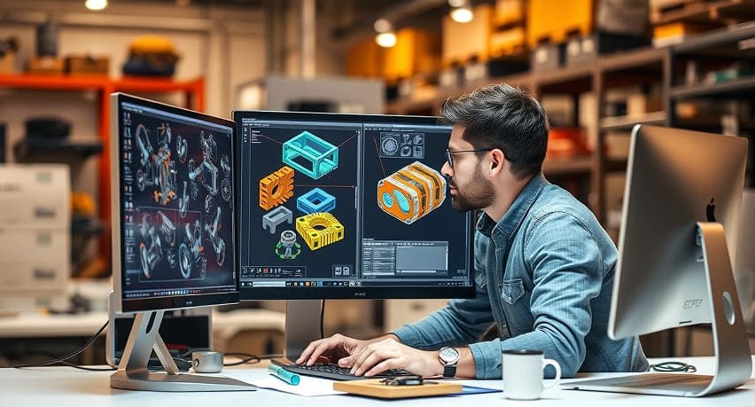 An engineer sits at a computer, using CAD software to design a part