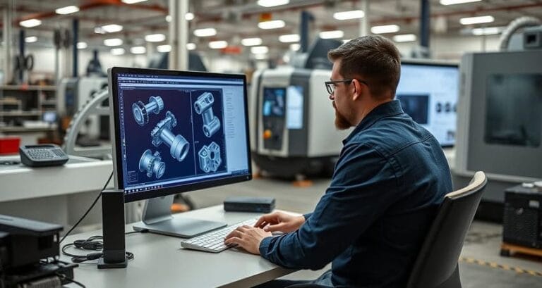 An engineer seated at a computer, using CAD software to design parts