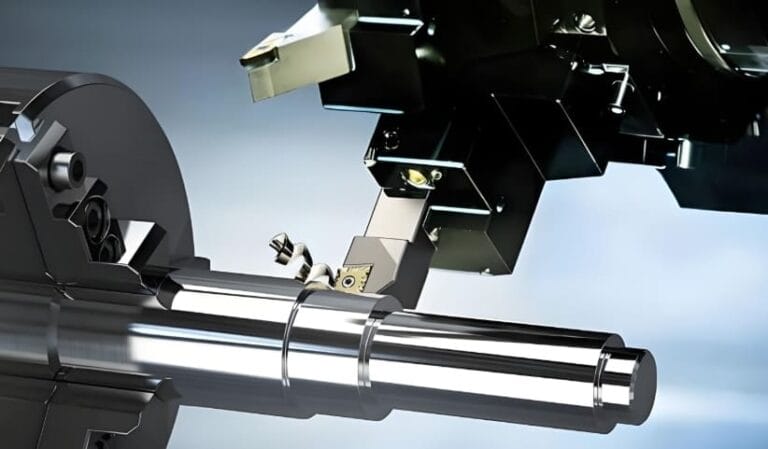CNC turning process machining a metal part with precise material removal