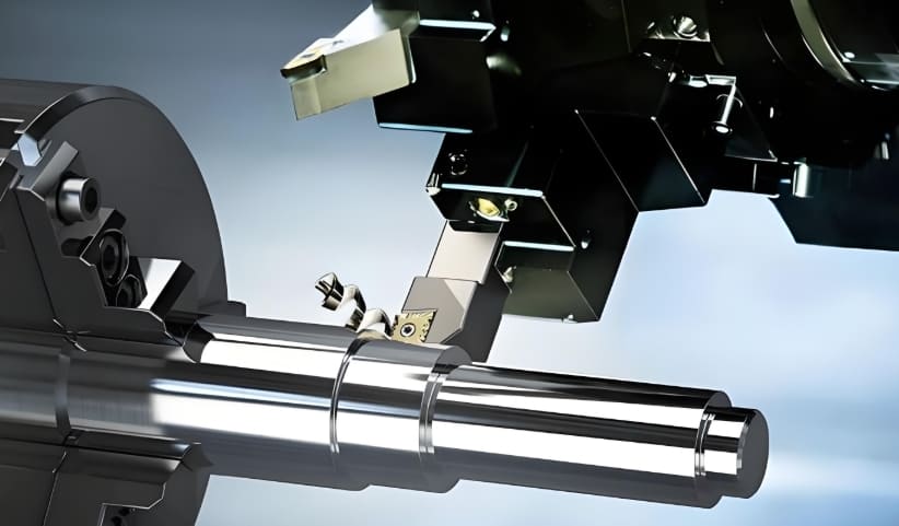CNC turning process machining a metal part with precise material removal