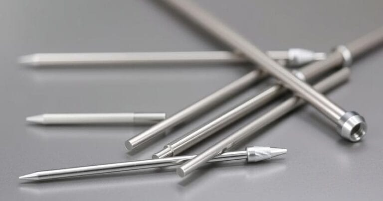 A variety of long, thin stainless steel metal parts